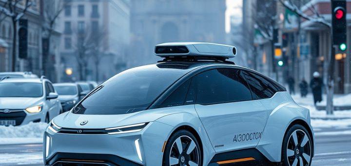 თანამედროვე robotaxi ავტომობილი ზამთრის პირობებში გზაზე მიდის
