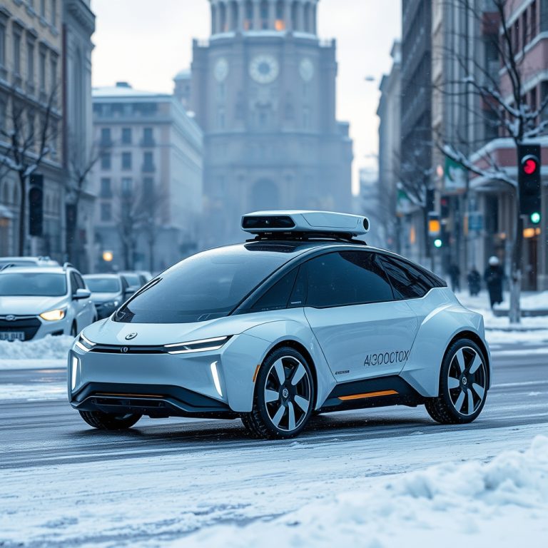 თანამედროვე robotaxi ავტომობილი ზამთრის პირობებში გზაზე მიდის